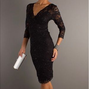 MARINA Black V Neck 3/4 Sleeve Black Dress